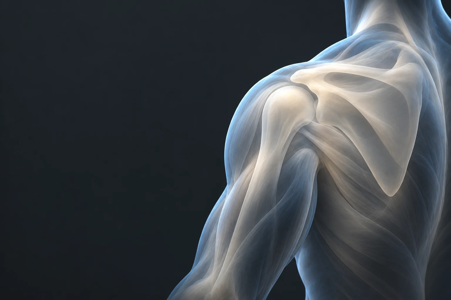 Soft frosted shoulder anatomy with gentle blue lighting against charcoal